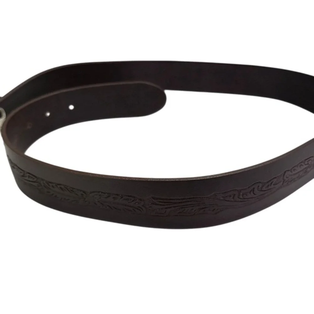 Abercrombie Fitch Brown‎ Tooled Leather Rhinestone Oval Buckle Italy Belt Size M